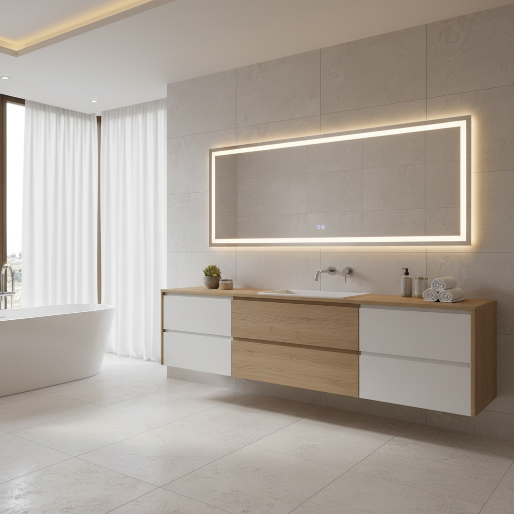 Modern banyo dolabı modelleri - LED aynalı duvara monte tasarım