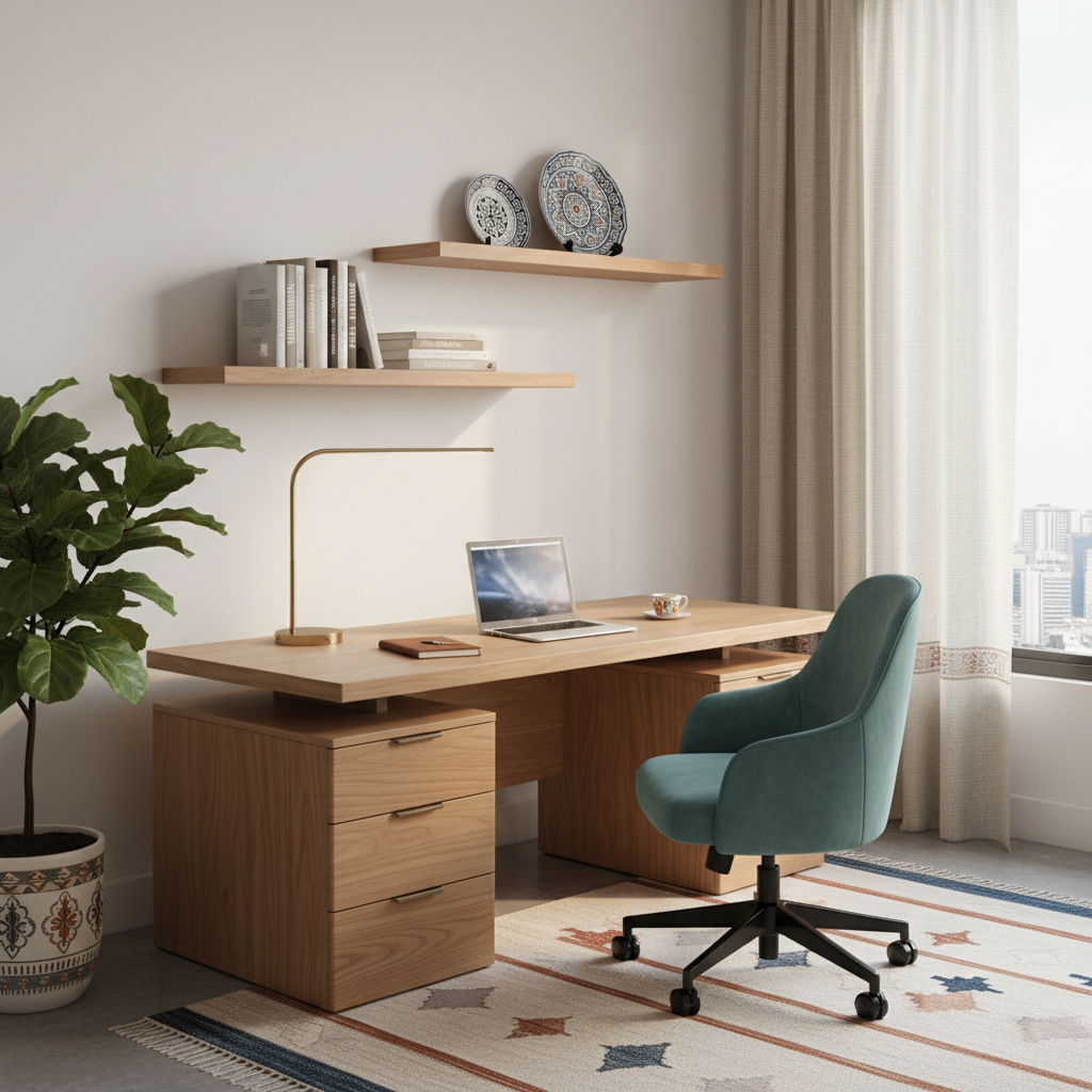 Modern çalışma odası mobilyaları, ahşap masa, ergonomik sandalye, <a href=