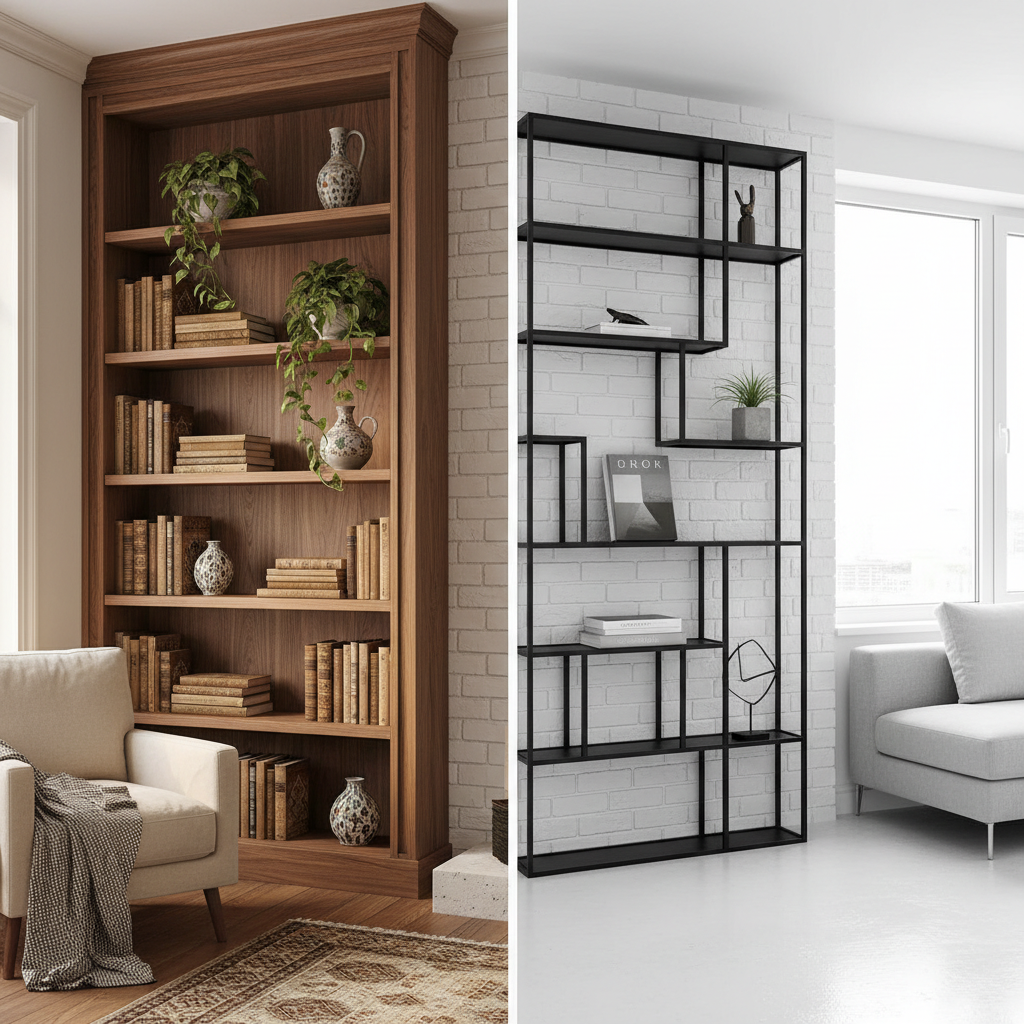 Ahşap ve metal kitaplık karşılaştırması - modern ve klasik kitaplık modelleri yan yana